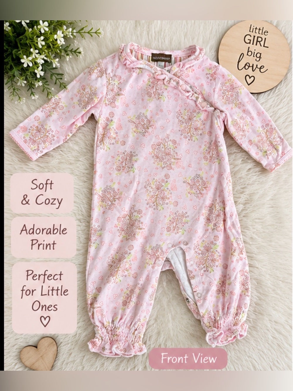 Rabbitmoon Baby Girl Floral Romper 6–9 Months Pink Ruffle